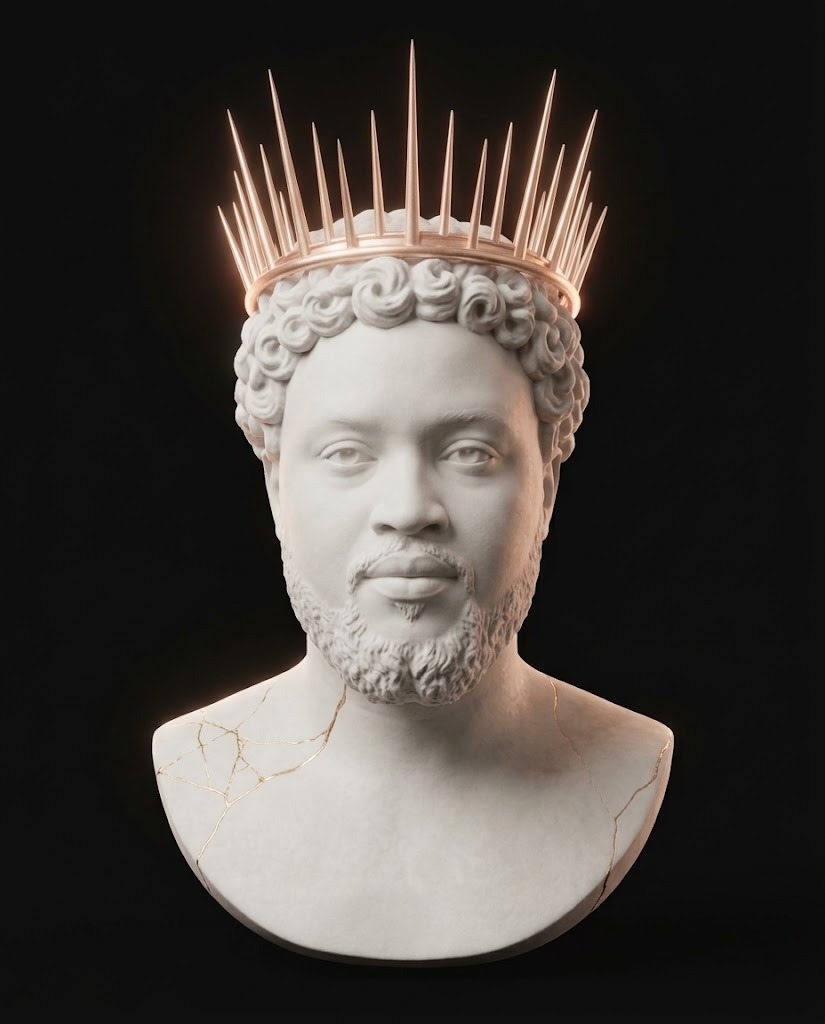 Sculpted marble bust of Michael Wanjohi wearing a rose gold spiked crown