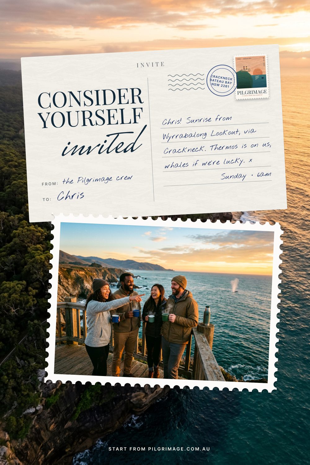 Key visual 6: an invitation to Chris, Wyrrabalong Lookout