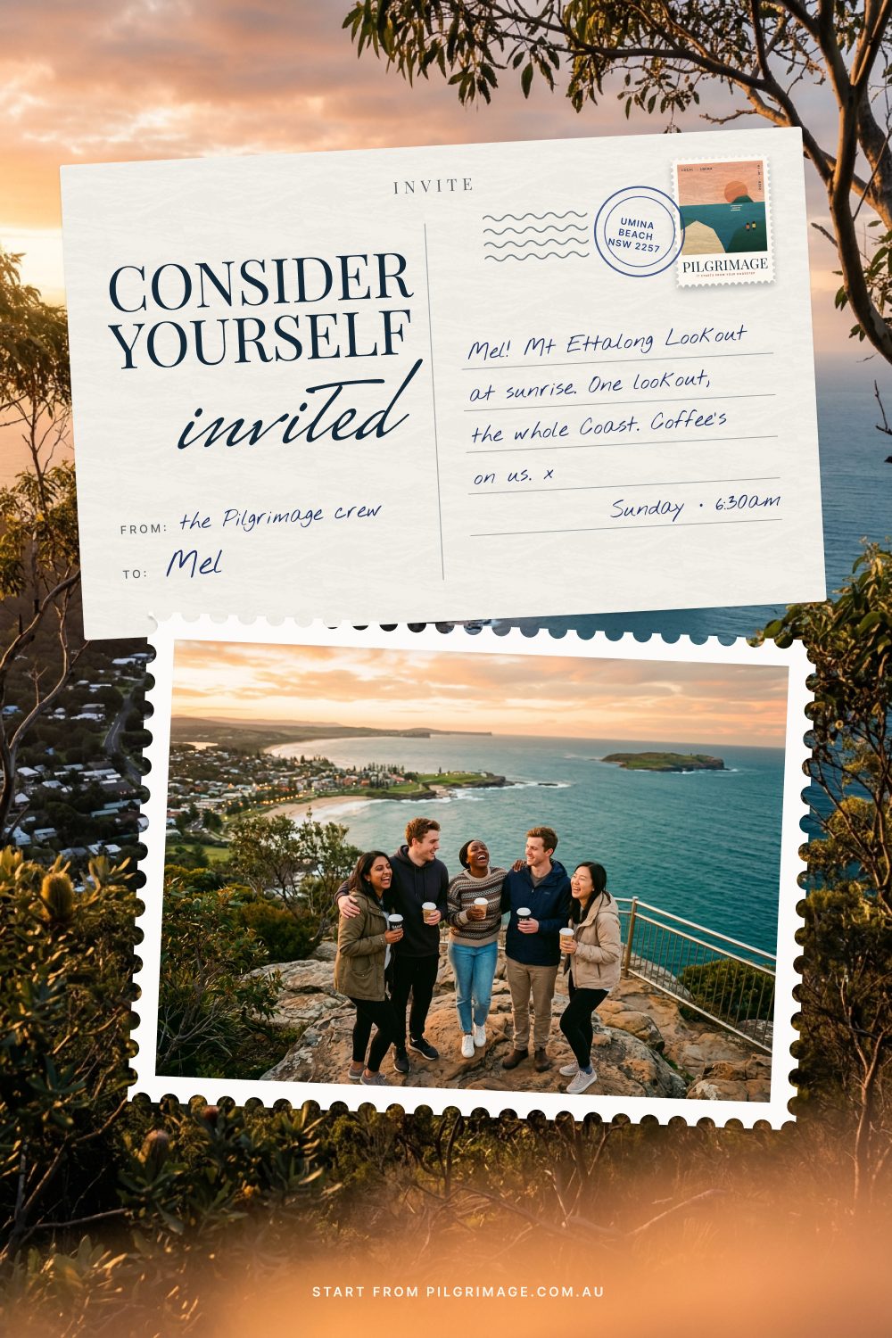 Key visual 19: an invitation to Mel, Mt Ettalong Lookout