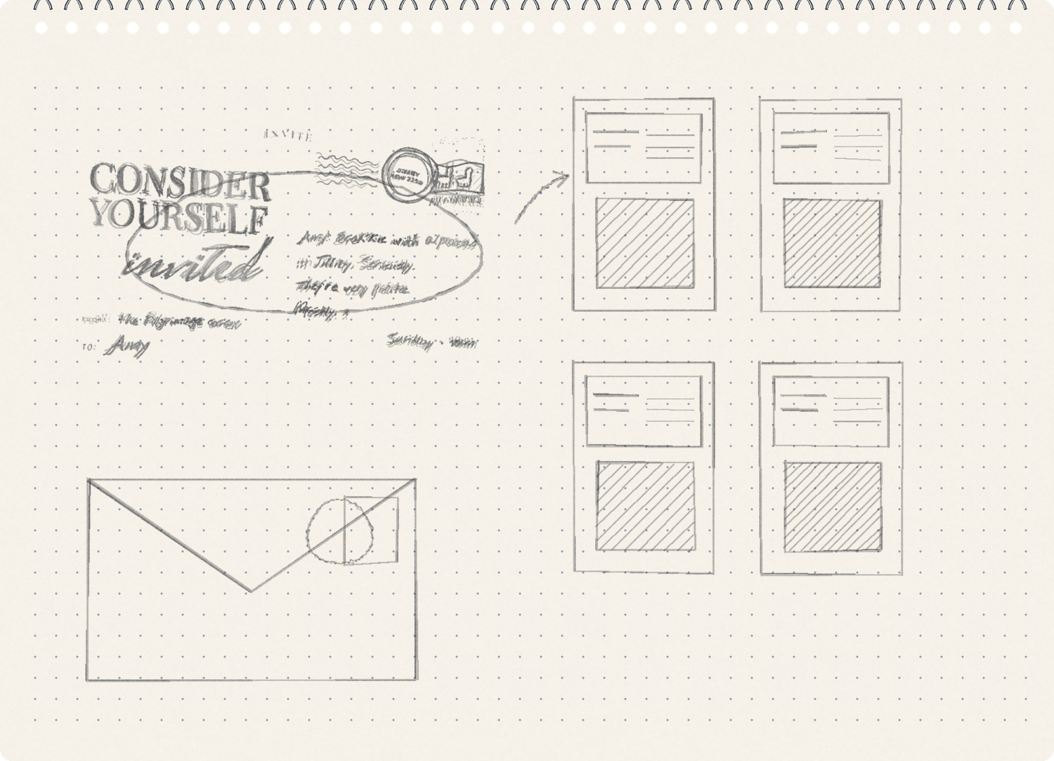 Early pencil thoughts: the invitation postcard