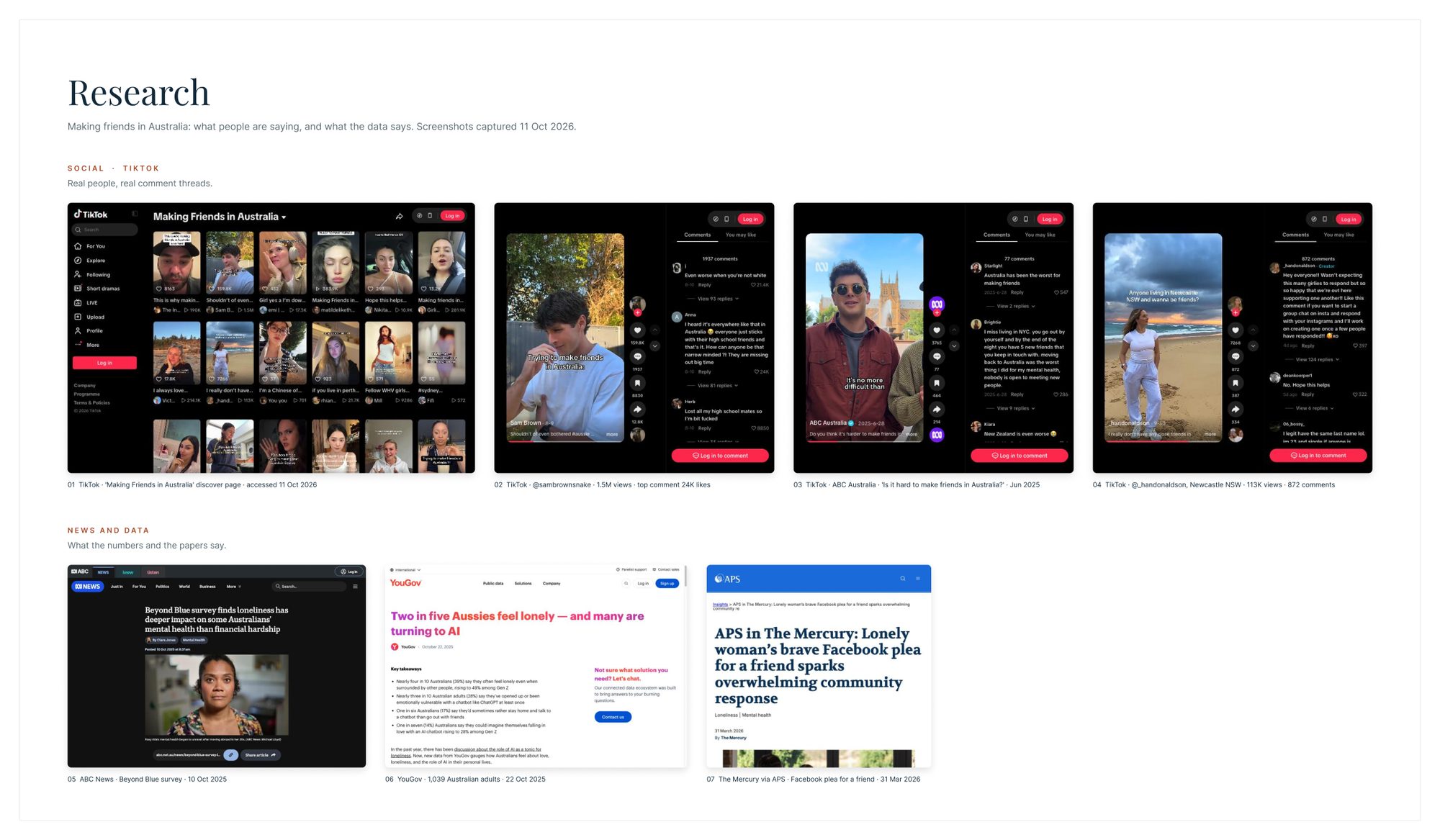 Research board: TikTok threads, ABC News, YouGov and a Facebook plea for a friend